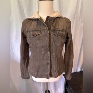 Gloria Brown Denim Type Jacket With Cream Knit Hood. Sz Med. Pockets. Stretch.